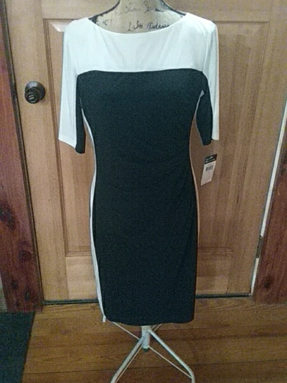 Chaps Black and White Midi Sheath Dress